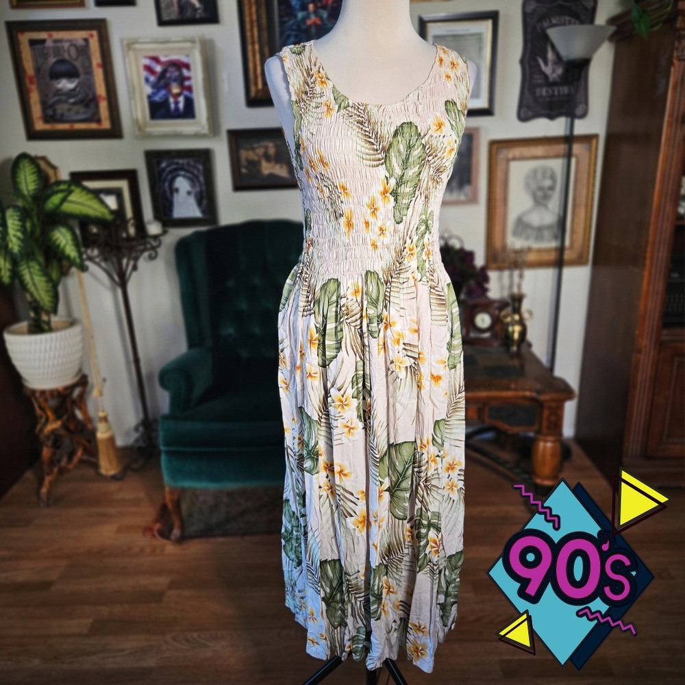 Aloha Hut Hawaii Dress Vintage 90s Womens One Size Pink Floral Tropical Maxi